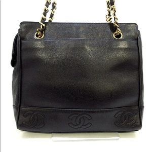 Authentic Chanel shoulder, caviar, Black with gold chain bag.